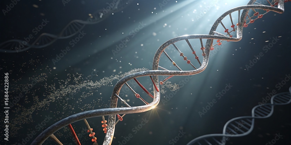 Poster dna double helix structure with light rays and scattered particles, representing genetic science.