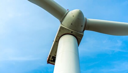 A powerful white wind turbine propeller on a generator tower provides renewable energy under a blue sky
