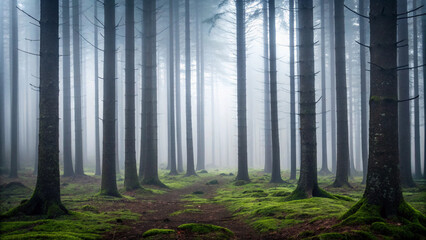 Misty Forest Path Lined with Tall Pine Trees and Mossy Ground woods nature