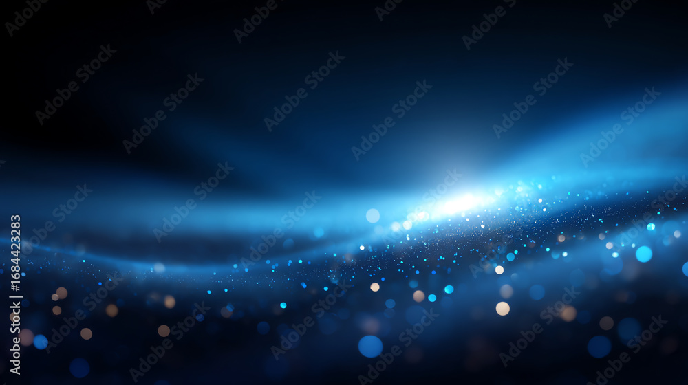 Poster abstract glowing blue wave with sparkling particles and bokeh lights against a dark background, crea