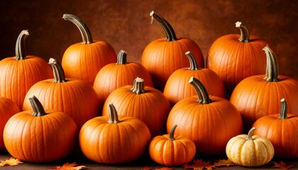 Obraz premium Pumpkins of different sizes grouped together, scattered autumn leaves enhancing warm seasonal display capturing harvest ambiance and rustic charm of fall
