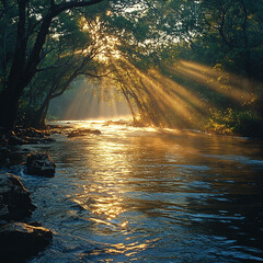 Sunbeams Dapple Tranquil River at Sunrise