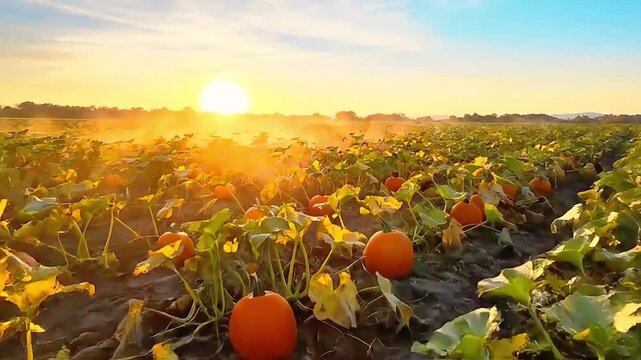 Golden Sunrise Over a Vast Pumpkin Patch Field.