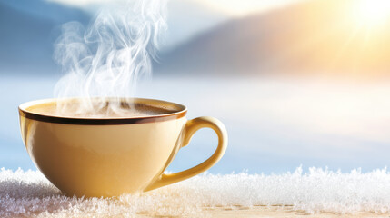 Steaming coffee cup on wooden surface with snow and warm sunlight in background creating cozy and inviting morning scene