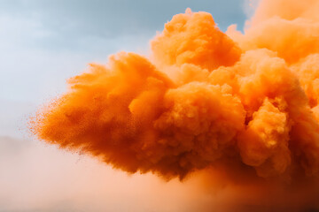 Orange powder explosion with dense clouds against a blue sky, displaying vibrant color and dynamic movement in a dramatic and energetic scene