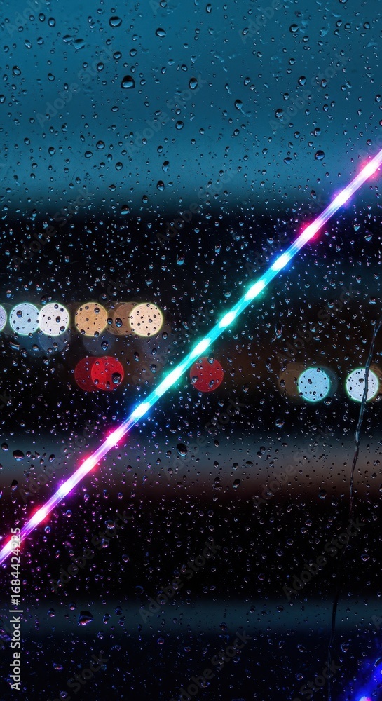 Poster a vibrant display of colorful led lights shines through a window covered in raindrops at night.