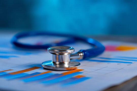 A blue stethoscope rests on a colorful medical chart with graphs, symbolizing healthcare analysis and diagnostics in a clinical or medical research environment