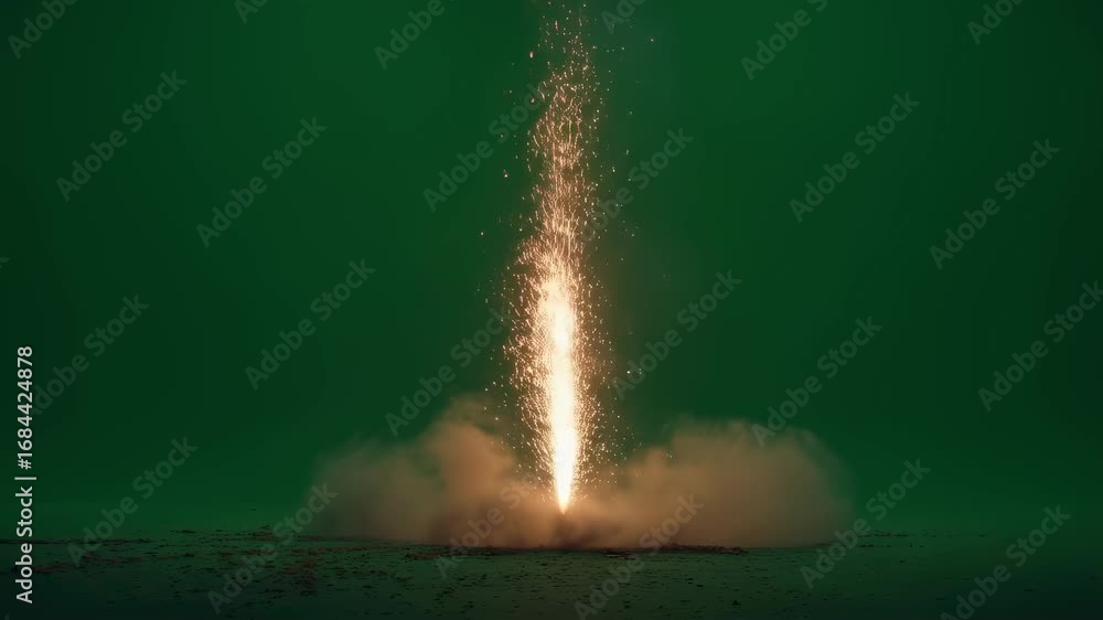 Poster golden sparks fountain bursting from ground level, generating cascading light shower with intense gl