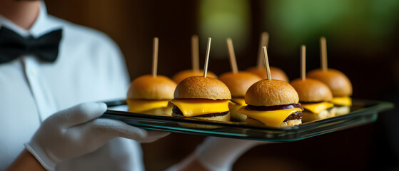 A person dressed in formal attire serves a tray of mini cheeseburgers with toothpicks, highlighting a sophisticated presentation at a catering or event setting
