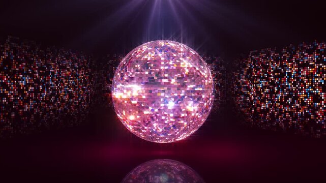 Futuristic dance floor disco balls reflecting pink lights. mirrored panels, dynamic reflective environment spinning mirror disco ball, light reflection on walls ceiling. Party celebration concept 3D