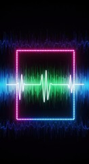 Fototapeta premium A vibrant neon-framed sound wave graphic displays a colorful audio spectrum against a dark backdrop.