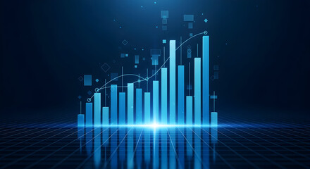 Dynamic blue glowing bar graph shows upward trend data visualization on digital grid background