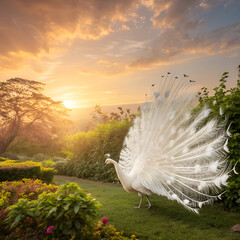 A majestic white peacock spreading its feathers in a lush green garden at sunrise.