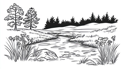 Fototapeta premium Black and white sketch of a tranquil river flowing through a forest. Possible use for educational materials or artistic projects.