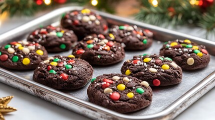 A festive batch of colorful chocolate cookies on silver tray on light background