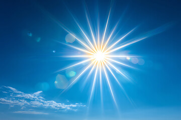 Fototapeta premium Bright sunburst shining in a clear blue sky with scattered clouds and lens flare effects, depicting a sunny day with radiant sunlight and atmospheric clarity