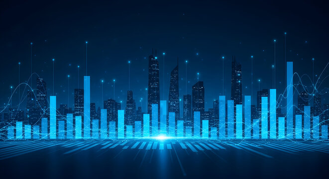 Dynamic glowing blue cityscape with financial data charts and network lines symbolizing growth and connectivity