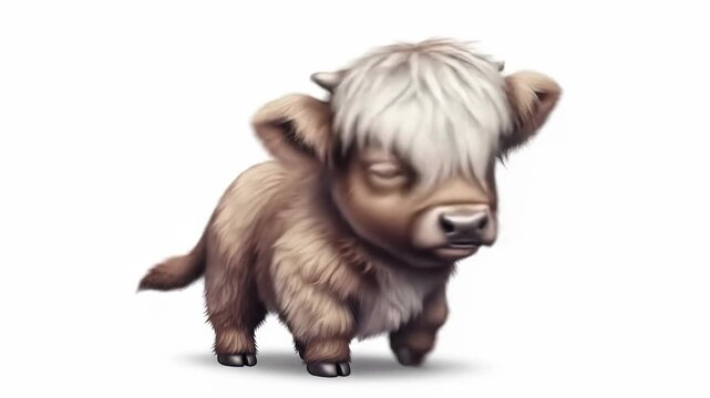 A digitally rendered Highland calf, light brown fur, prominent white forelock, small horns, looking down, standing on white background
