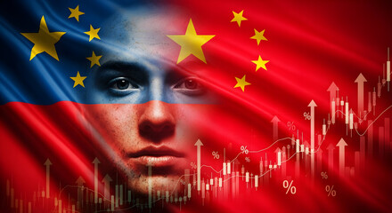 Global economic trends visualized with a face superimposed on Chinese and EU flags