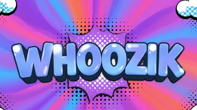 Stylized 3D cartoon effect with the word WHOOZIK, curved glossy letters with depth, dotted halftone clouds, psychedelic color burst, seamless retro looping animation