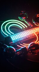 Fototapeta premium Vibrant neon lights and glowing orbs create a captivating, futuristic display against a dark backdrop.