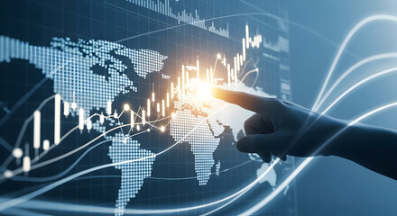 Global financial insights revealed by hand touching digital stock market data analysis on world map