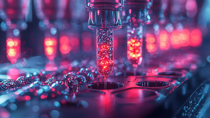 Futuristic Liquid Dispensing in Red and Blue Lit Laboratory