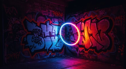 Vibrant graffiti art against a dark urban wall, illuminated by a vibrant neon circle.