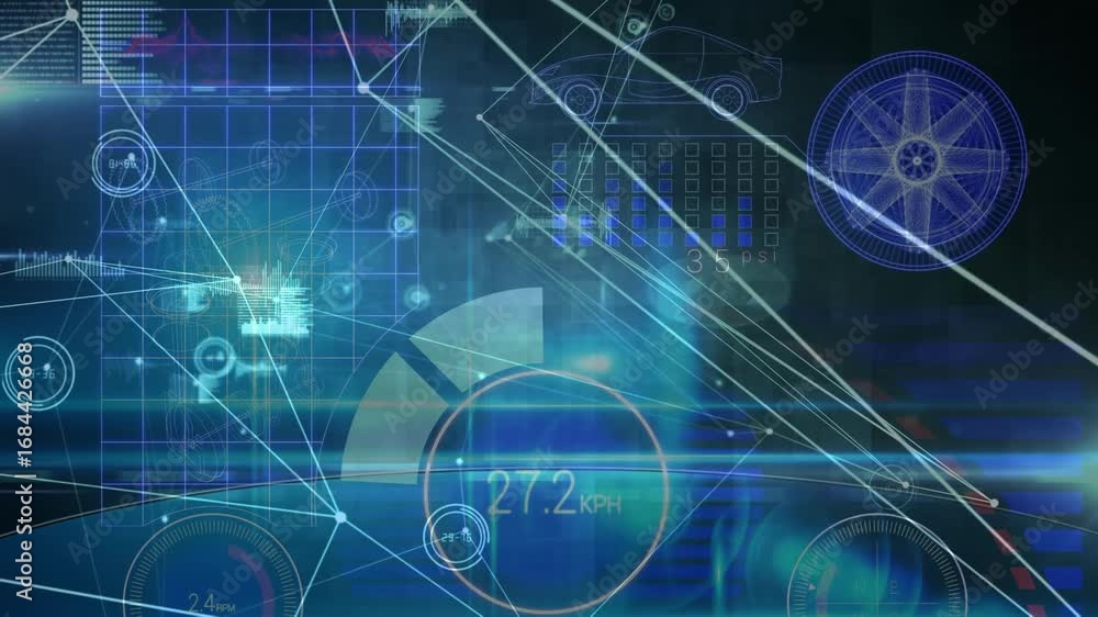 Poster animation of network of connections over data processing on black background