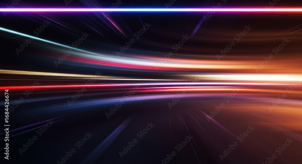Poster dynamic abstract image showcasing vibrant streaks of light in a fast-moving, futuristic scene.