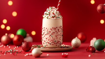 A festive milkshake with red and green sprinkles and holiday decor