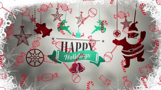 Animation of happy holidays text over christmas decorations on white background