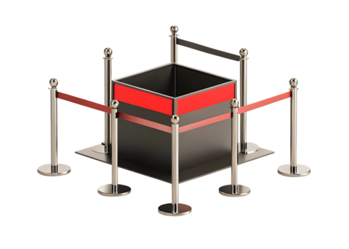 Queue barrier stanchions with red belts isolated on a transparent background retractable belts