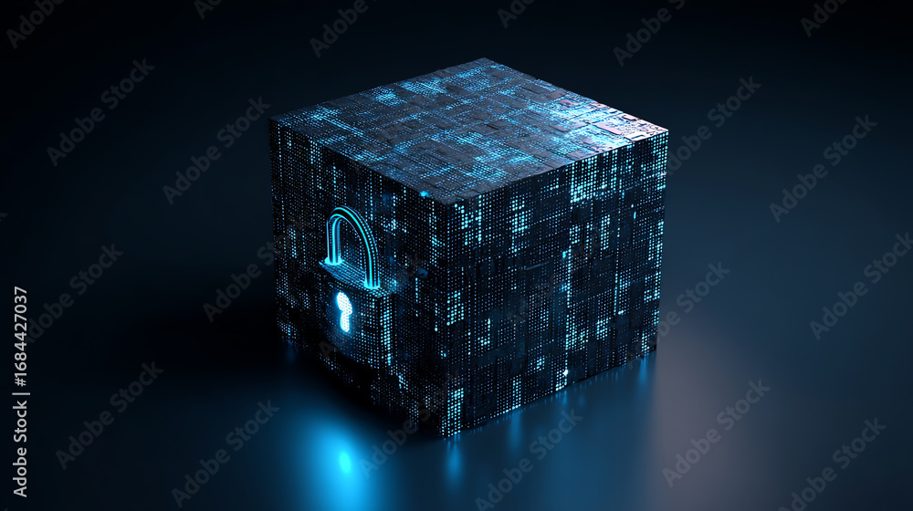Poster a glowing digital cube with a padlock icon symbolizes cybersecurity, data protection, and encryption