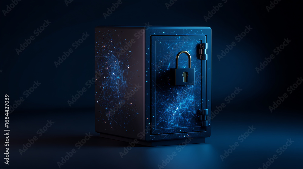 Poster a secured digital safe with a glowing network pattern and a padlock, symbolizing cybersecurity, data