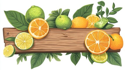 Fresh citrus fruits on a wooden plank, vibrant background, healthy food, graphic design, appetizing image, for marketing and design elements