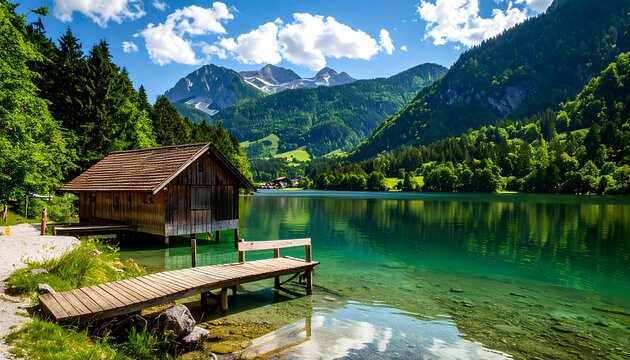 A serene wooden boathouse sits on the tranquil lake shore, surrounded by lush greenery and majestic mountains under a vibrant blue sky. - Powered by Adobe