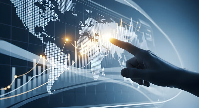Confidently navigating global markets, a finger points to growth data on a futuristic digital world map interface.