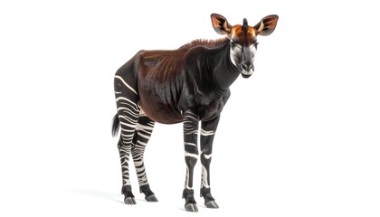 Okapi standing looking forward with zebra striped legs on a white background