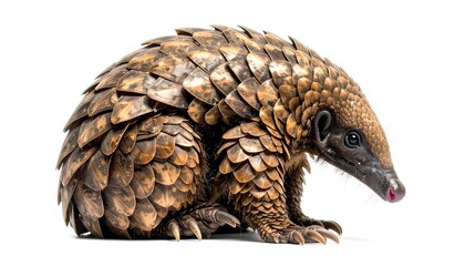 Naklejka premium Pangolin curled up on white background showing scales