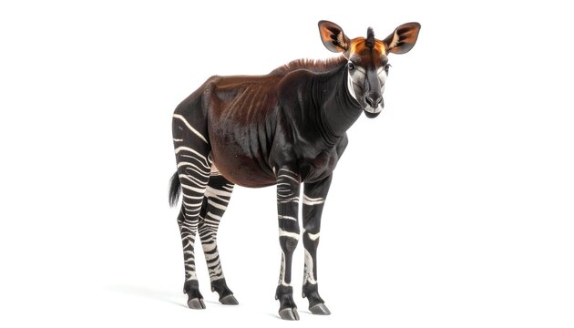 Okapi standing looking forward with zebra striped legs on a white background