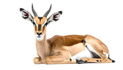 Fototapeta premium Resting impala antelope lying down looking at camera on white background