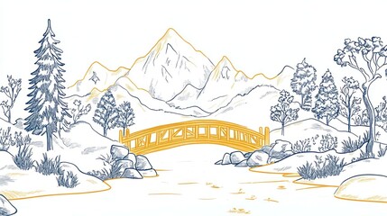 Mountain bridge landscape sketch, tranquil scene, nature illustration, travel poster