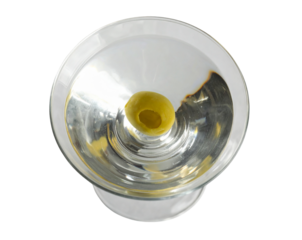 Top-Down Perspective of Vodka Martini with Olive Floating, isolated on transparent background PNG