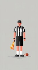 Naklejka premium A stylized illustration of a football official in a black and white striped uniform, holding a flag, and standing on a light gray background.