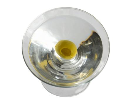 Top-Down Perspective of Vodka Martini with Olive Floating, isolated on transparent background PNG