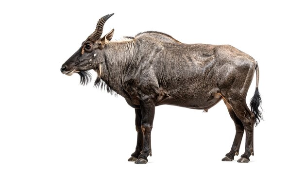 Nilgai bull standing majestically with prominent horns against white backdrop