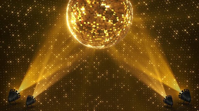 3D golden Disco ball VJ animation for music broadcast TV, night clubs, music videos, LED screens projectors, glamour fashion events, jazz, pops, funky disco party. nightclub stage lights and party