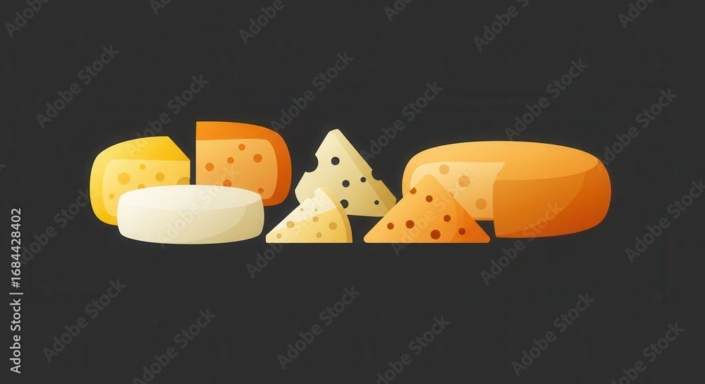 Poster assorted cheese varieties displayed against a dark background, showcasing different shapes and color