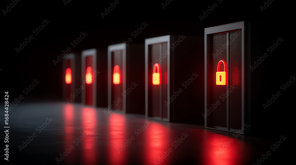 Poster a row of server racks in a dark room, each displaying a glowing red padlock symbol indicating securi
